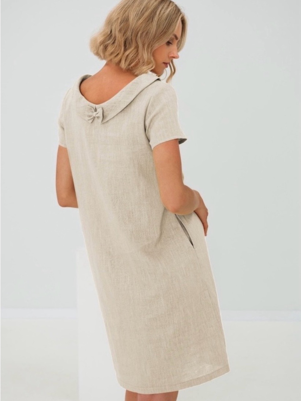Le Muse Story Linen Blend Dress S Beige Jackie O Collar 50s Look Back Bow